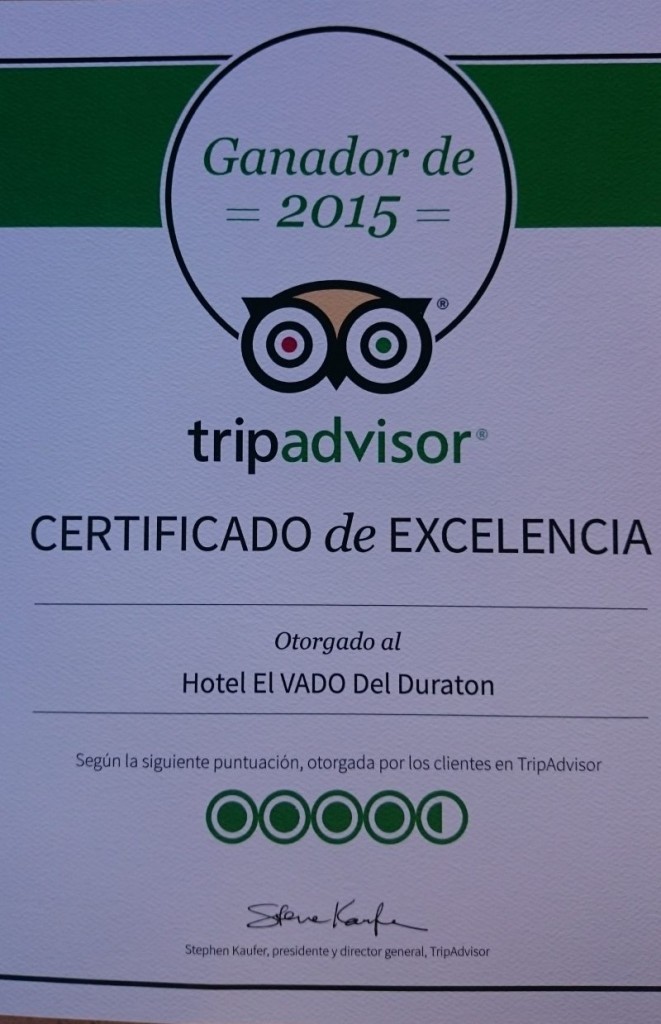 Hotel Vado del Duratón galardonado con el certificado de excelencia de tripadvisor 2015